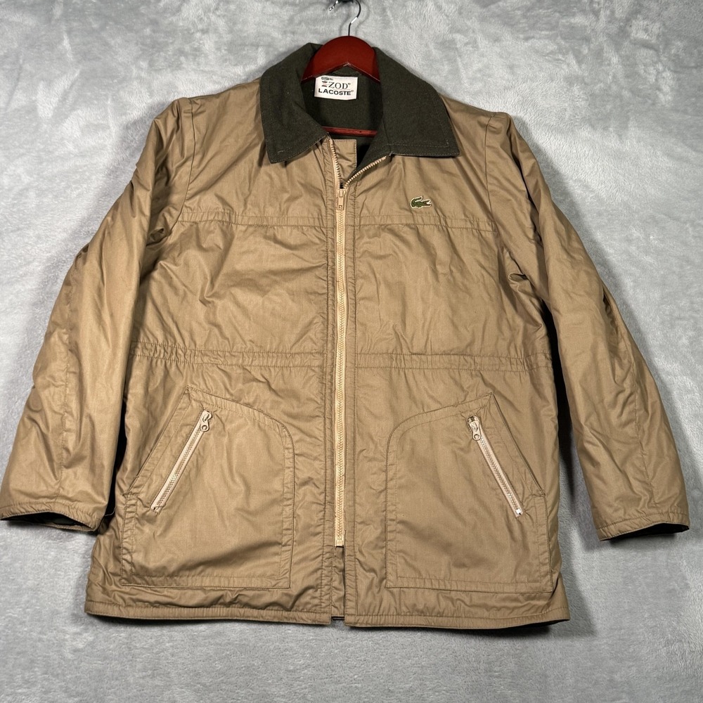 Vintage Izod Lacoste Jacket Mens Large Tan Wool Lined Zip Front Coat 80s
